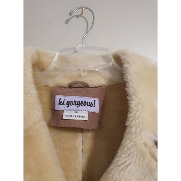 FINAL PRICE! Genuine Leather, Faux Fur Button Up Coat, Tan Light Brown, Size XL - Picture 4 of 8